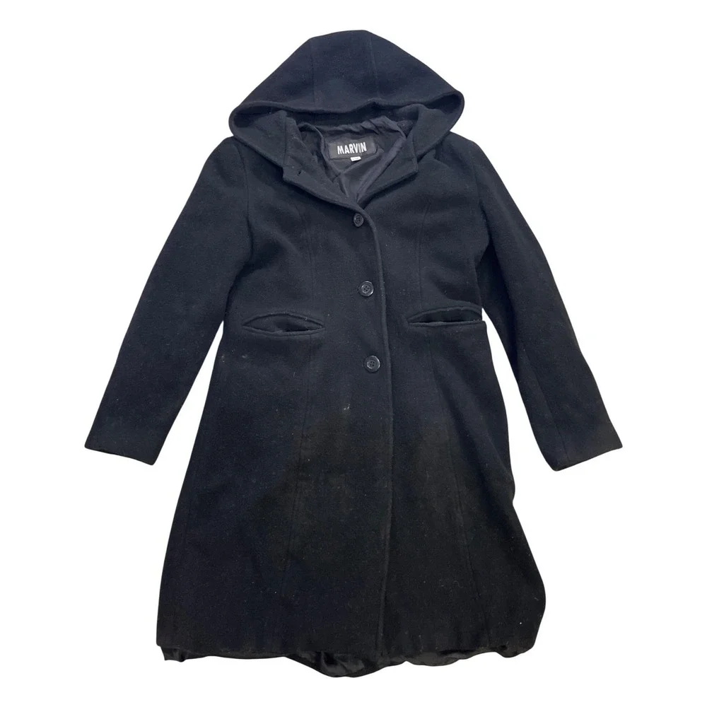 Marvin‎ Richards Black Hooded 100% Wool Overcoat Button Front USA Womens Medium